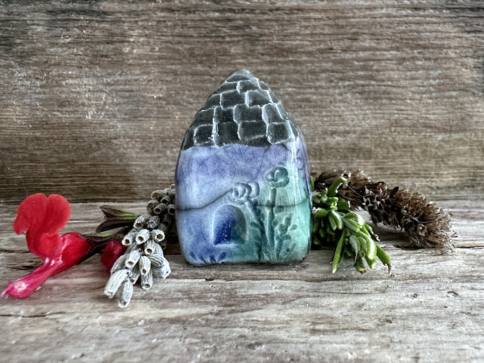 Tiny winter woodland fairie cottage spirit house raku ceramic sculpture