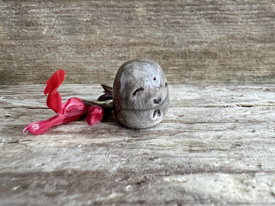 Pocket-sized tiny Jizo ceramic raku Shinto statue sculpture glazed in brown. Very smiley, happy, and loving for a shrine or kamidana.