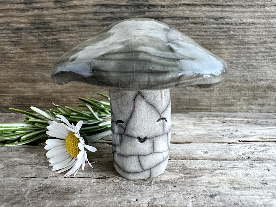 Cute mushroom raku ceramic sculpture with a very smiley face. His stalk is glazed in creamy-white (this is where his face is) and his mushroom cap is grey-brown.