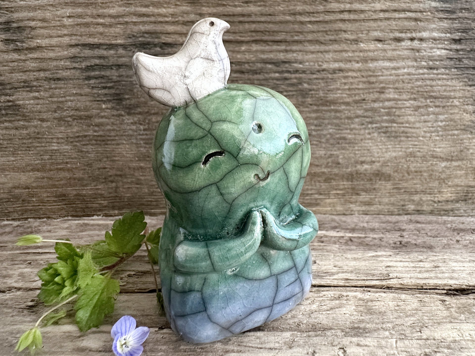 Happy peace Jizo with friend bird sculpture | raku shamanism totem, Shinto shrine