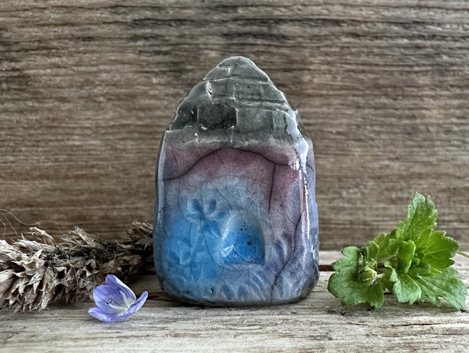 Tiny winter fairie cottage spirit house raku ceramic sculpture