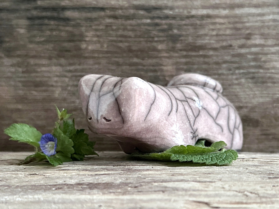 Sleepy pink cat kami sculpture | cute guardian for Shinto, shamanism