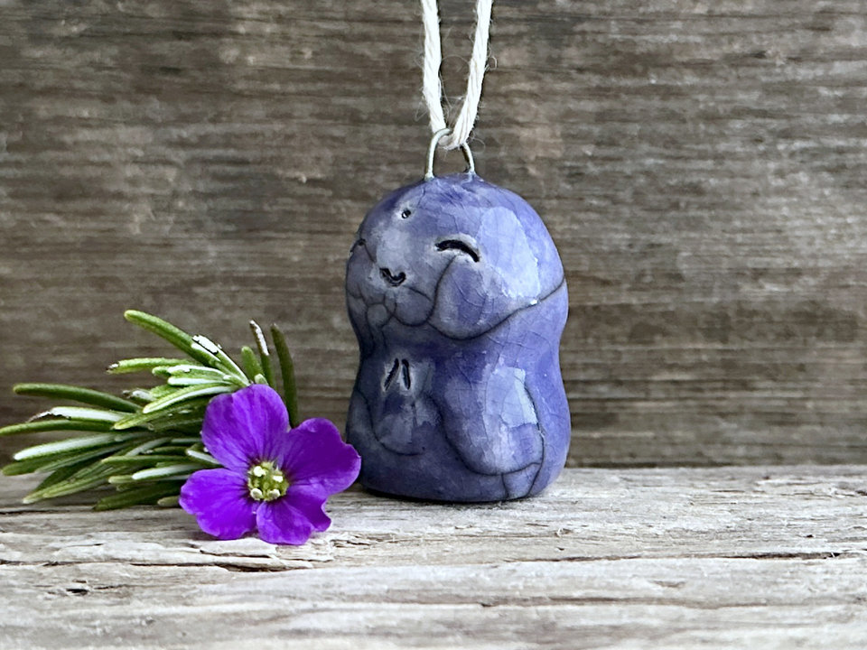 Happy Jizo pendant, ceramic on adjustable flax cord | Shinto guardian spirit