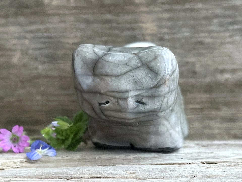 Sleepy grey cat kami guardian spirit raku sculpture | Shinto shamanism statue