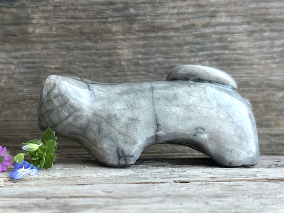 Sleepy grey cat kami guardian spirit raku sculpture | Shinto shamanism statue