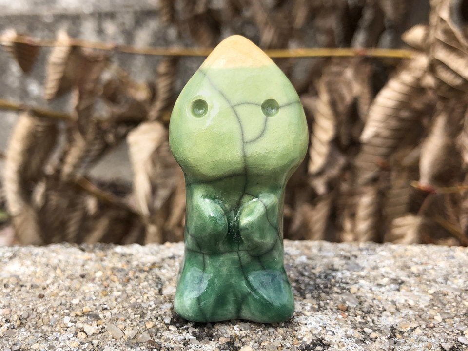 Leaf baby kami nature tree spirit raku statue | Shinto shrine, shamanism sculpture