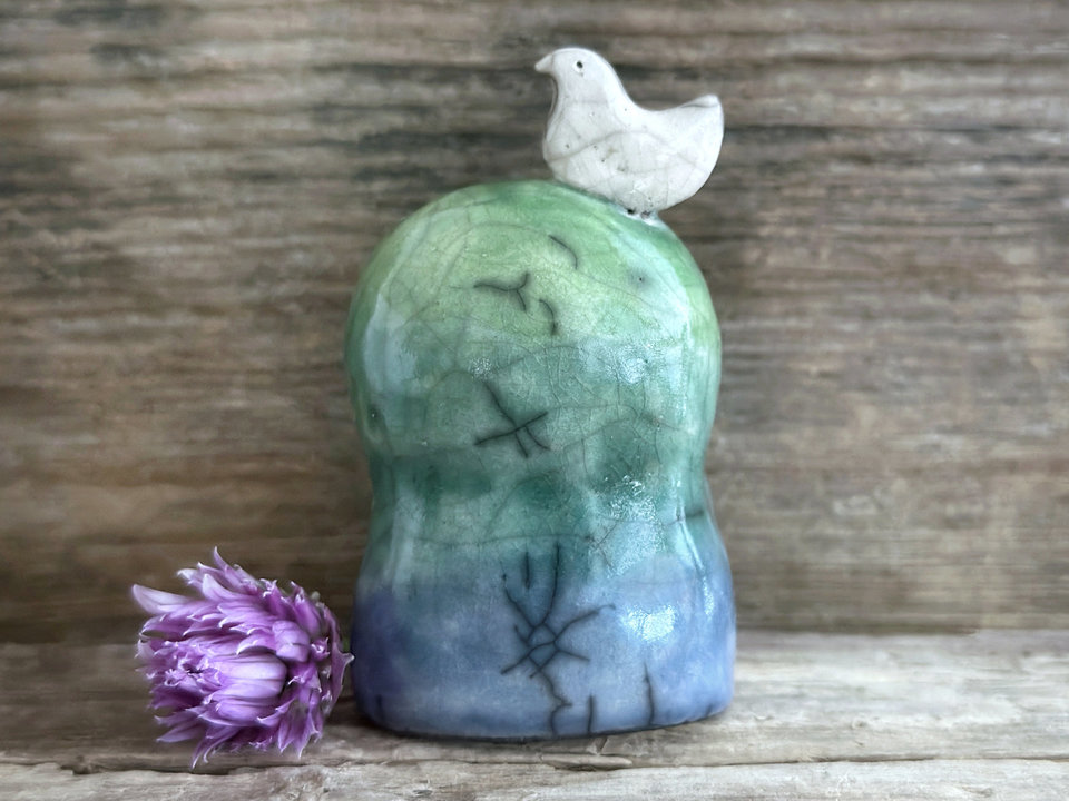 Happy Jizo with peace bird friend sculpture | raku shamanism totem, Shinto shrine
