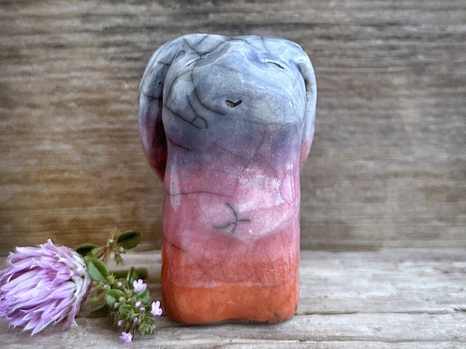 Sleepy dawn rabbit kami spirit guardian sculpture | Shinto shamanism raku bunny figure