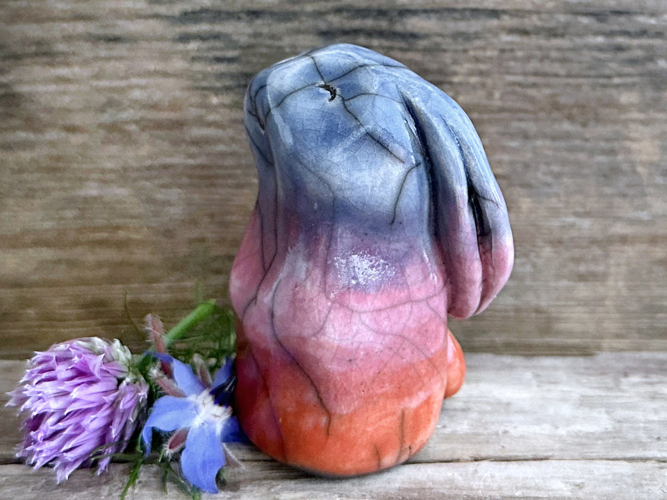 Dawn rabbit kami spirit guardian sculpture | Shinto shamanism raku bunny figure