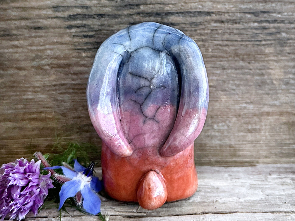 Dawn rabbit kami spirit guardian sculpture | Shinto shamanism raku bunny figure