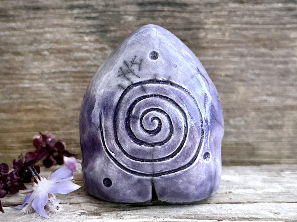 Spiral stone spirit elemental guardian sculpture | Shinto shrine, shamanism celtic folk art