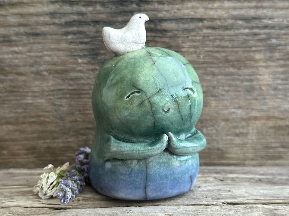 Happy Jizo peace with bird friend sculpture | raku shamanism totem, Shinto shrine
