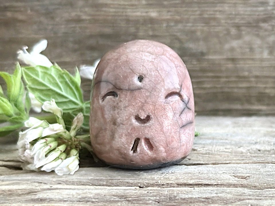 Pocket-sized tiny Jizo ceramic raku Shinto statue sculpture glazed in a soft, warm peach pink colour. Very smiley, happy, and loving for a shrine or kamidana.