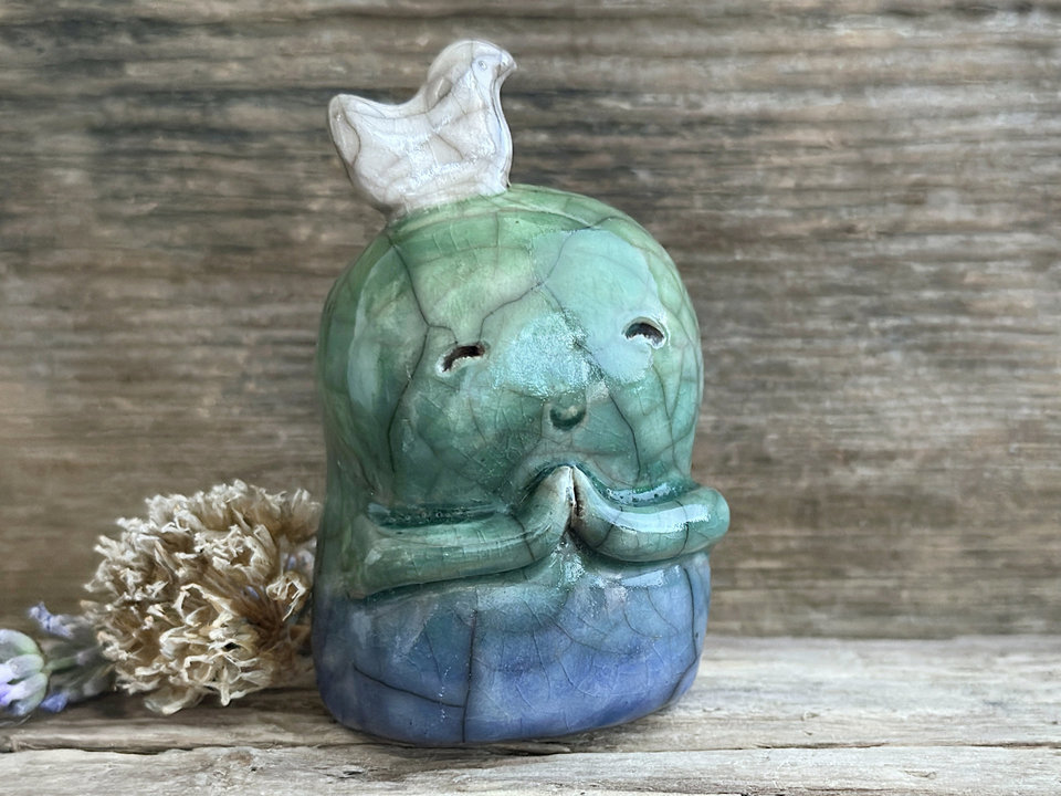 Happy peace Jizo with bird friend sculpture | raku shamanism totem, Shinto shrine