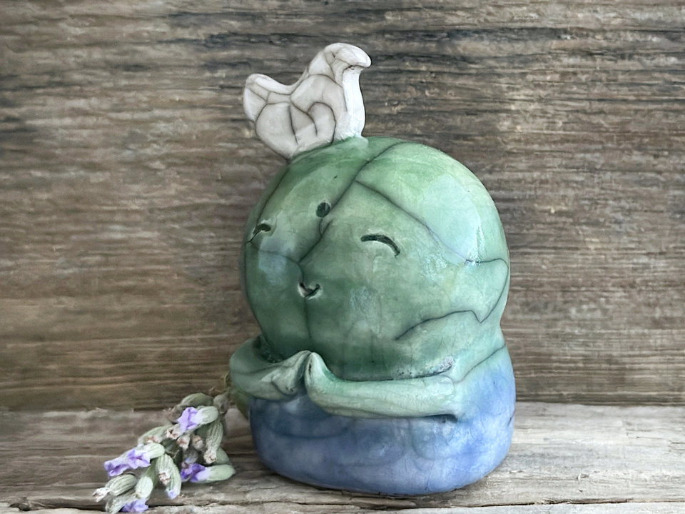 Happy peace Jizo with bird friend raku sculpture | shamanism totem, Shinto shrine
