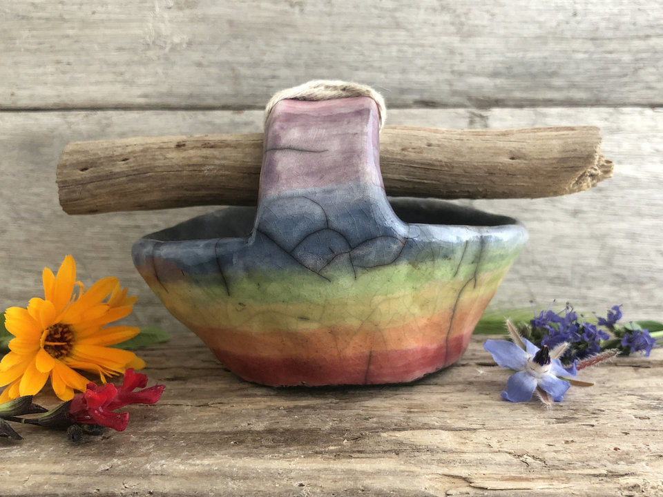 Rainbow raku ceramic & driftwood basket sculpture | wabi-sabi, rustic ritual, pride
