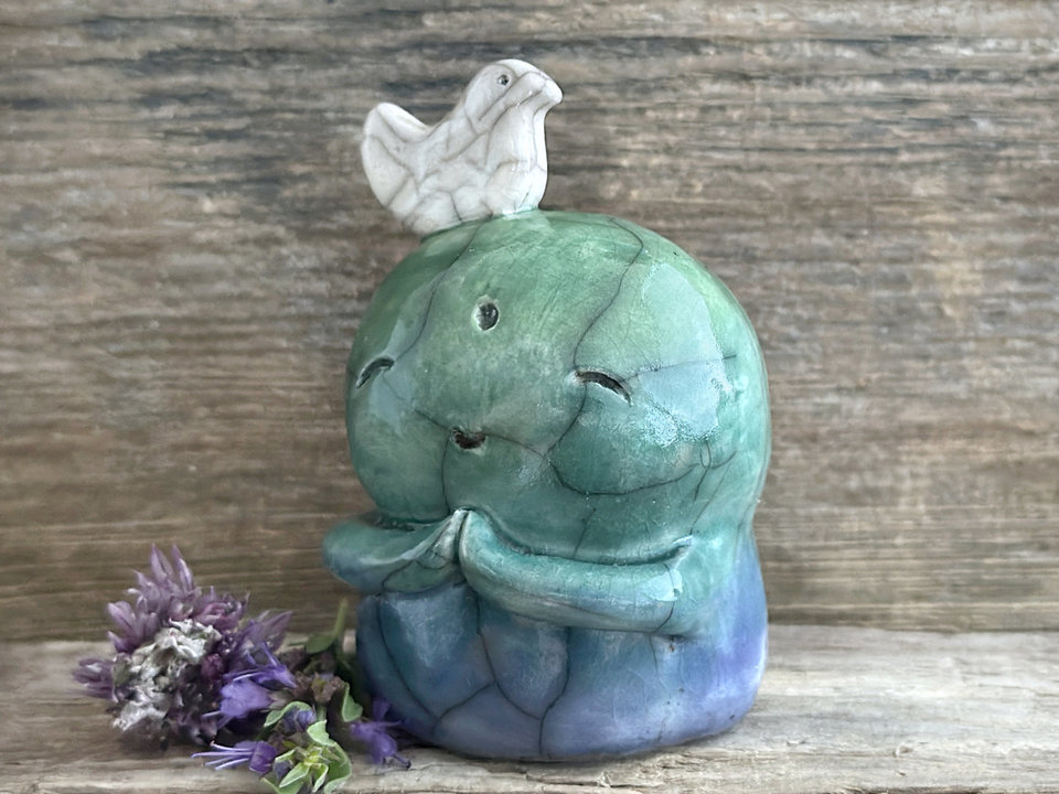 Happy peace Jizo with bird friend raku sculpture | Shinto shrine, shamanism totem