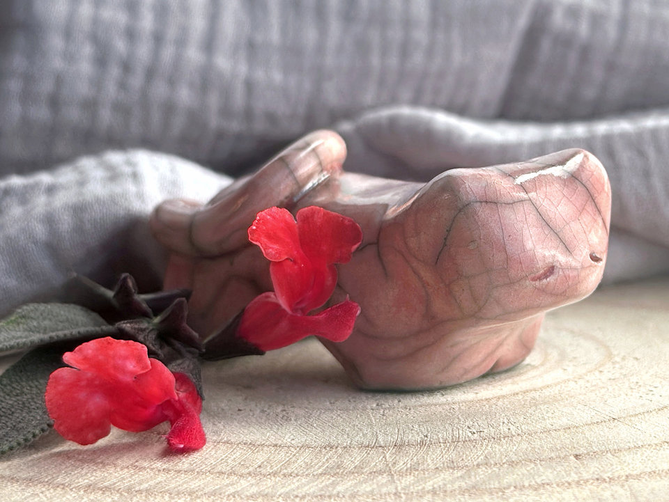 Sleepy pink cat kami sculpture | cute guardian for Shinto, shamanism