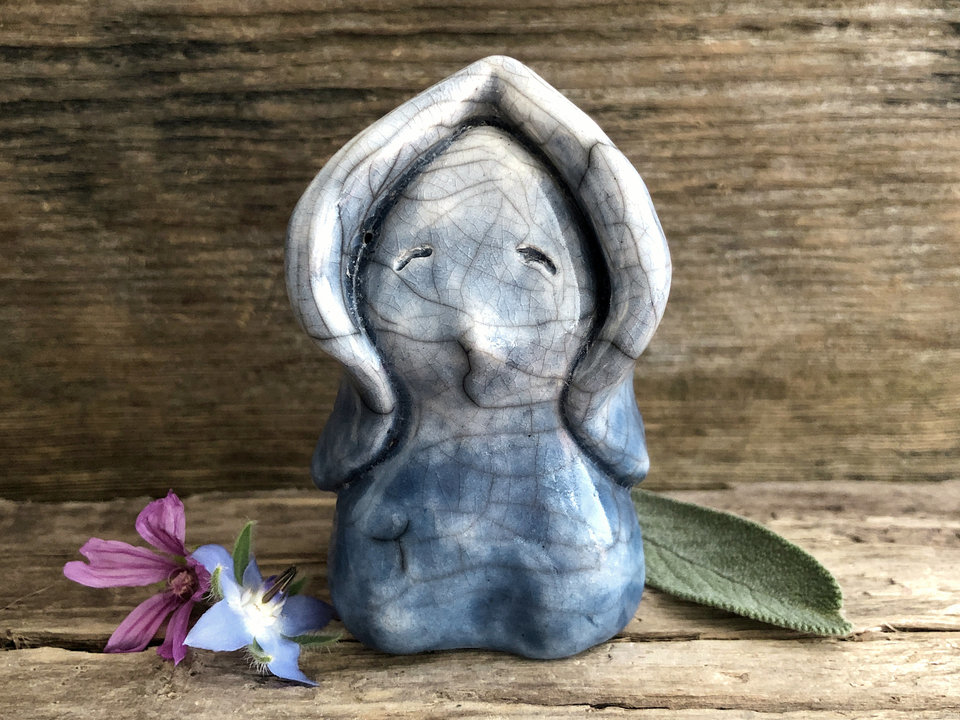 Spirit of winter, ice, & snow guardian kami raku sculpture | Shinto, shamanism