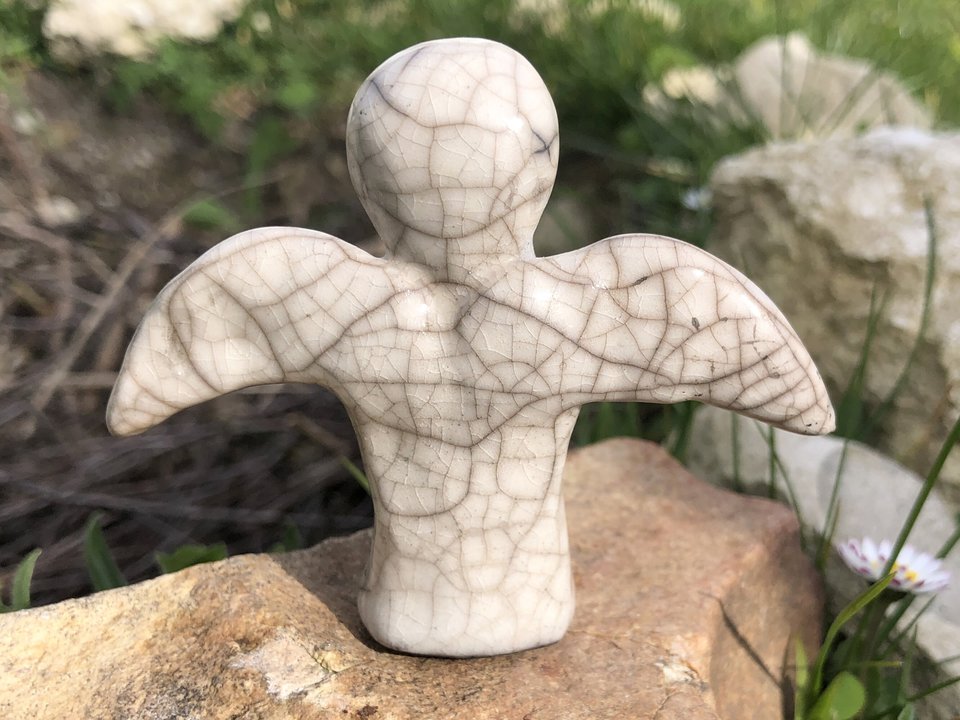 Angel guide statue of peace, spirit of hope raku sculpture