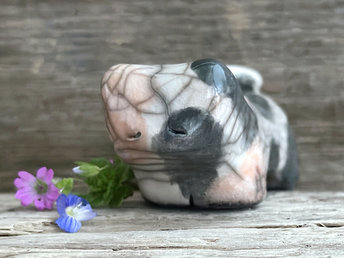 Little raku ceramic cat spirit kami sculpture glazed in a calico pattern (orange, grey, and white) and with a kind, gentle face.