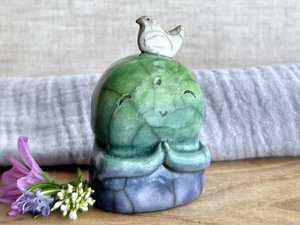 Happy peace Jizo with bird friend sculpture | raku shamanism totem, Shinto shrine