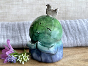 Happy peace Jizo with bird friend sculpture | raku shamanism totem, Shinto shrine